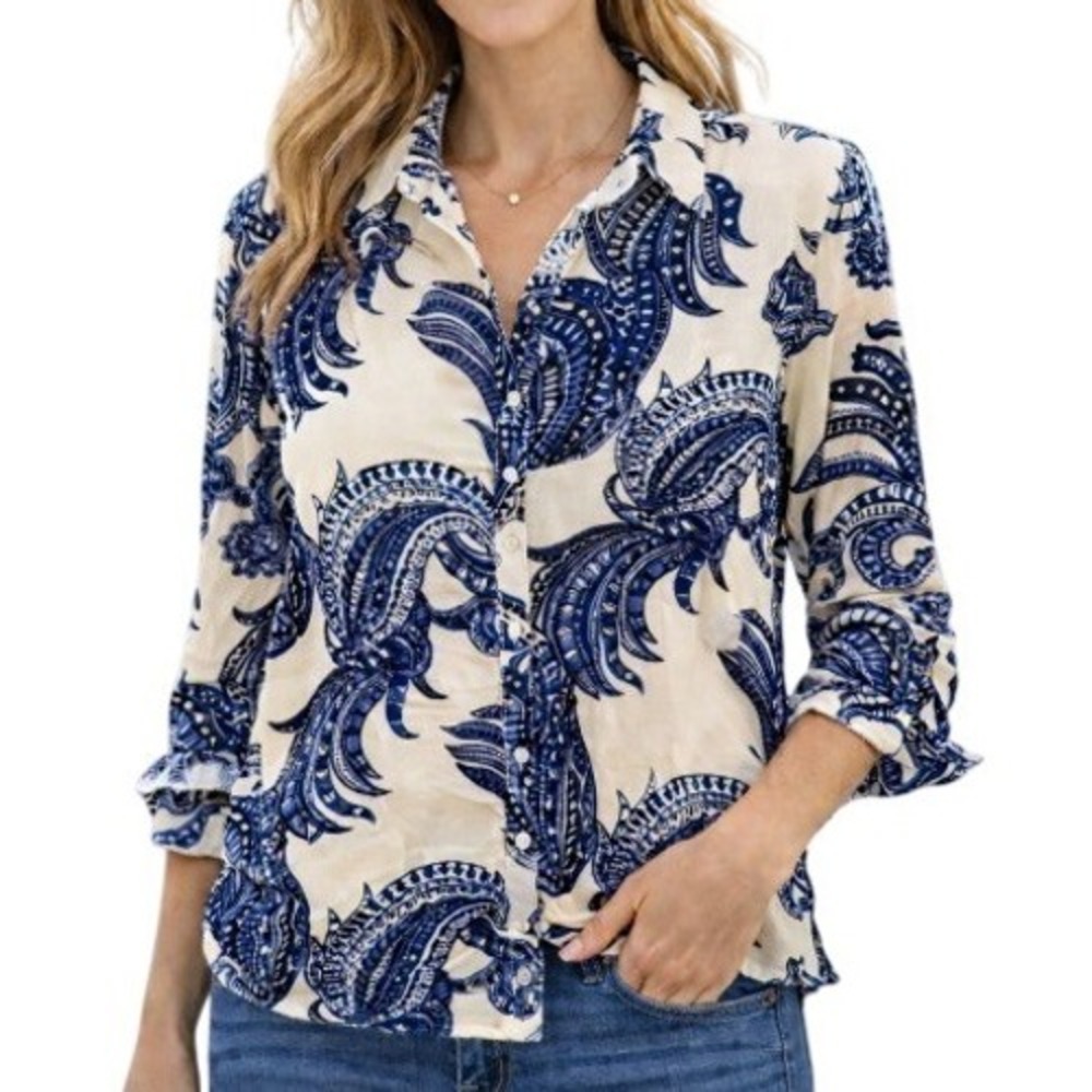 Chicos Blouse Womens US M Sz 1 Blue‎ Cream Paisley Silk Cotton Blend Top Coastal